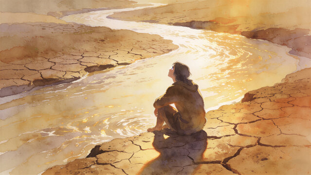 Biblical figure seated beside a flowing stream in a barren landscape. Christian parable and spiritual reflection. Faith, hardship and hope. Watercolor illustration of renewal