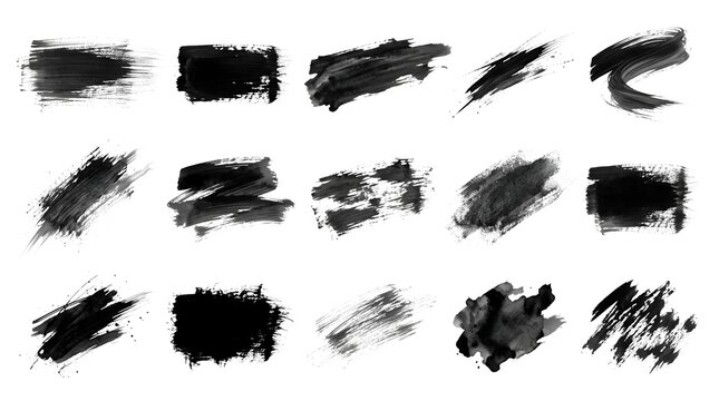 Collection of black ink brush strokes and artistic paint textures for
