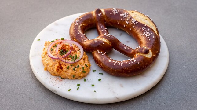 Traditional bavarian pretzel with obatzda cheese dip served on a