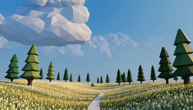 Low poly landscape with pine trees and wheat field under a blue sky geometric design sunny day