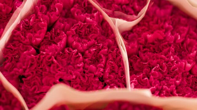 Fresh Pink Carnation Bouquets Wrapped in Paper at Flower Market