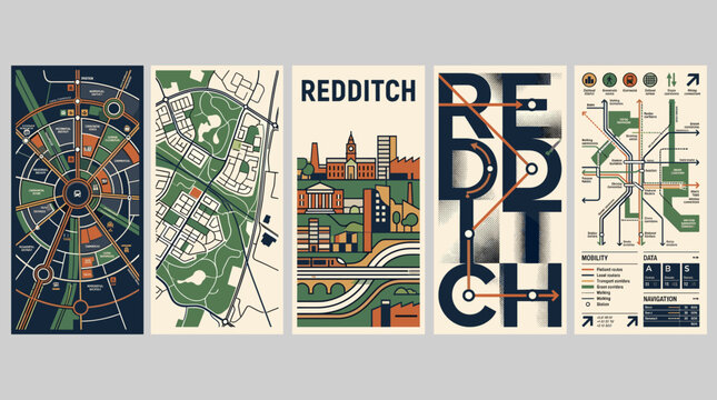 Set of Retro Minimalist Graphic Design Posters Representing Redditch Town with Maps, Landmarks, and Typographic Layouts