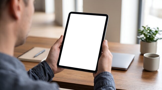 Man holding tablet with blank white screen for mockup in modern