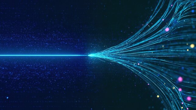 Abstract digital graphic representing connectivity and information transfer. Solid horizontal cyan line on dark blue textured field with faint binary digits and blue particles on left. Line bursts int