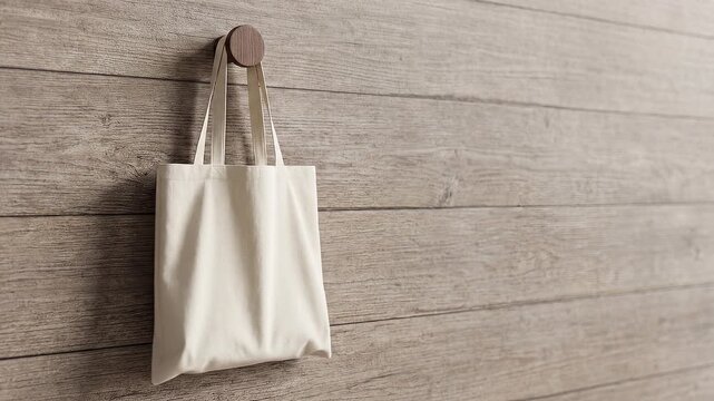 White canvas tote bag hanging on wooden wall hook