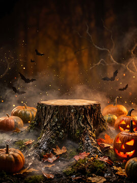 Wooden tree stump podium surrounded by glowing pumpkins and flying bats at night