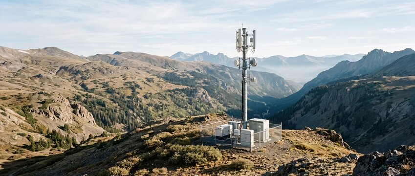 Telecommunications tower in a remote mountain landscape