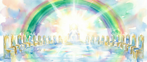 Fototapeta premium Watercolor illustration of heaven with a throne beneath a rainbow. Biblical vision of the afterlife and divine kingdom. Christian faith, salvation and eternal life. Spiritual concept art