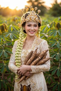 Beautiful Sundanese Princess in Traditional Siger Crown Holding Fresh Cassava Roots in Cassava Plantation at Sunset