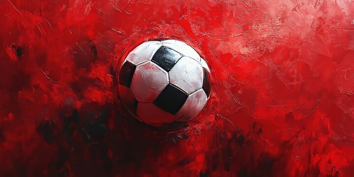 Red background, soccer ball pattern, gradient abstract futuristic geometric shapes and lines on the right side of the screen, soccer stadium in red tones, Generative AI