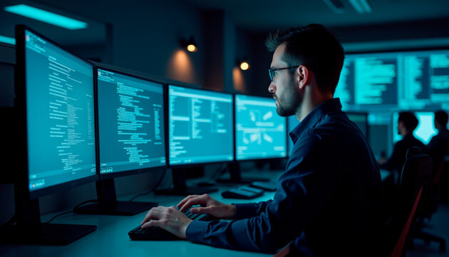 Focused programmer working at multiple screens displaying code and data analysis in a modern office environment, highlighting technology and coding skills for digital projects.