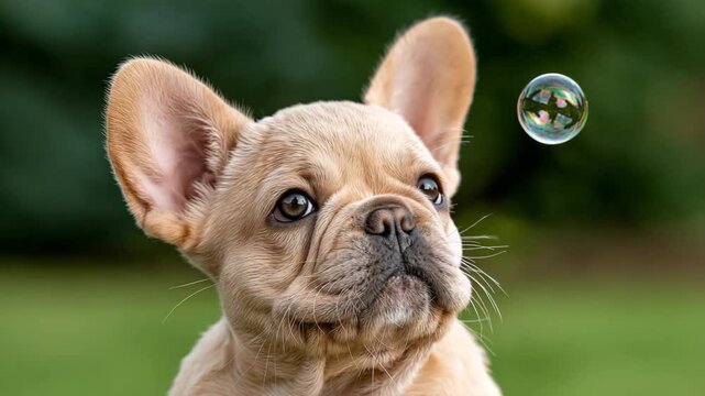 French Bulldog Puppy Watching Floating Soap Bubble