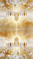 Fototapeta premium Jesus seated on a heavenly throne among followers. Second Coming and final judgment in Christian biblical imagery. Heaven, salvation and eternal life concept. Sacred religious illustration