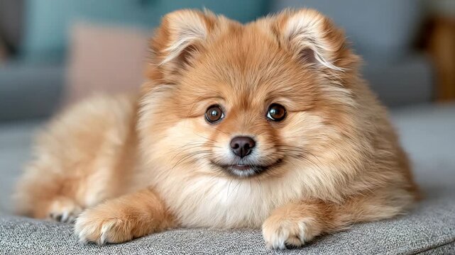 Pomeranian Puppy Barking Shyly on Soft Cushion