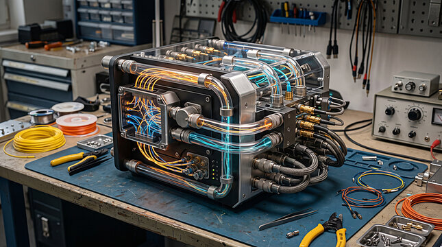 Futuristic water cooled computer component in electronics lab, custom cooling loop hardware, engineering technology prototype
