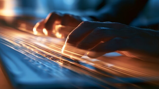 Close-up of a hand typing quickly on a laptop keyboard with motion blur, conveying speed, urgency, digital communication, fast data entry, online work, technology, productivity, and modern business ac