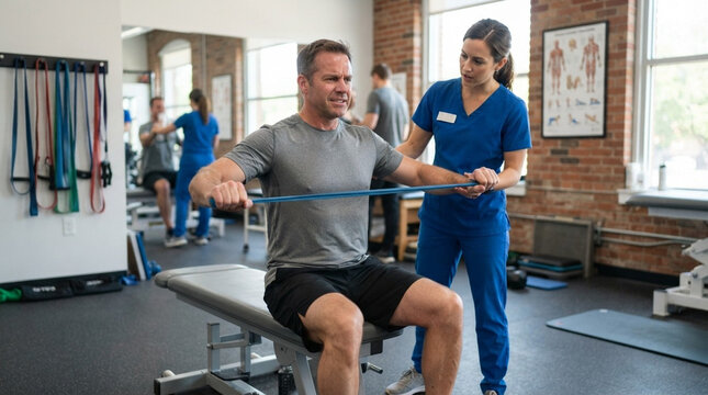 Middle-aged man sitting on a bench performs resistance band exercises for shoulder rehabilitation while a female physical therapist in blue scrubs assists in a clinical gym setting.