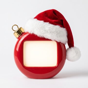 Glossy red ceramic Christmas ball ornament wearing a cozy velvet Santa Claus hat with bright glowing rectangular display mockup screen