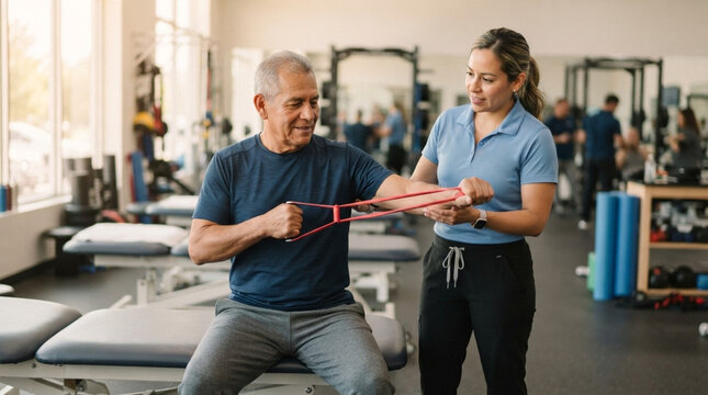 Senior Hispanic man sitting on a treatment table performing resistance band shoulder exercises while a professional female physical therapist guides his movements in a clinic.