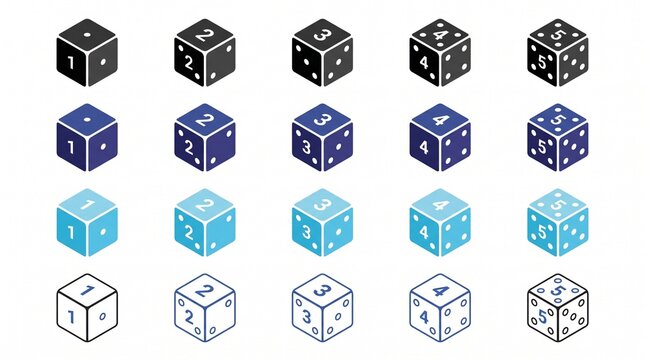 Minimal dice icon collection featuring geometric cube shapes with numbered faces, presented in blue, black, and outlined styles, clean vector designs, isolated white background.