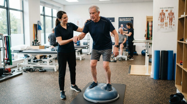 Female physiotherapist assisting a senior man performing balance exercises on a blue BOSU ball trainer in a rehabilitation clinic, with medical posters and gym equipment in view.
