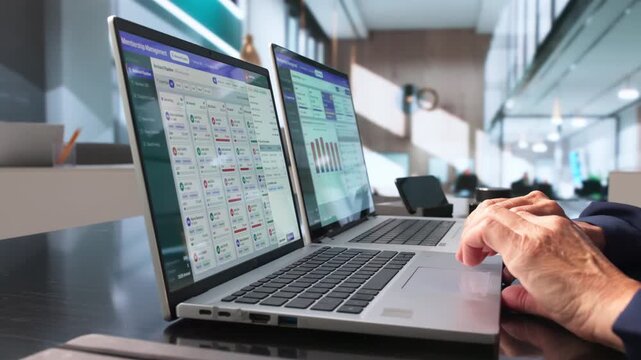 Association Manager Reviews Membership Database Using Laptop
