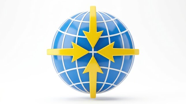 3d render of a blue globe with yellow arrows pointing inward, isolated on white background