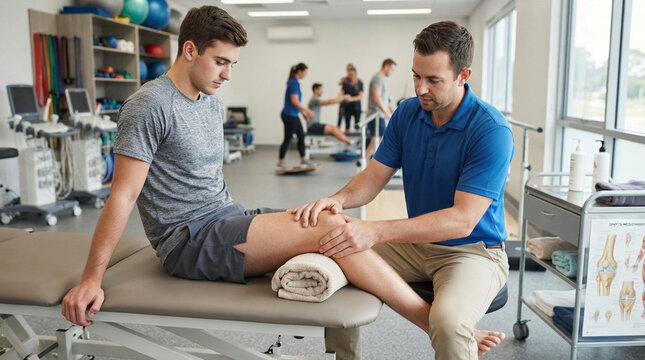 Male physiotherapist in blue shirt performing a knee assessment on a young male patient sitting on a treatment table in a rehabilitation center with medical equipment visible.