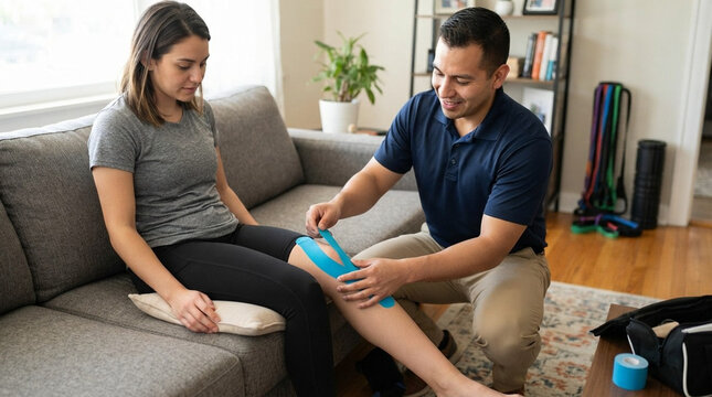 Male physical therapist applying blue kinesiology tape to a female patient's knee during a home rehabilitation session; patient sitting on a sofa in a living room environment.
