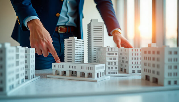 Architectural model with business professional examining miniature buildings and structures, highlighting urban planning.