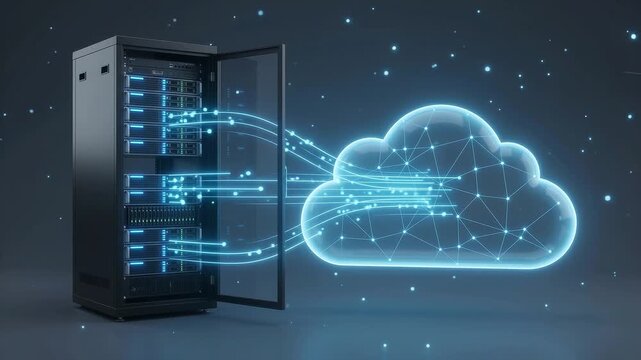 A server rack transmitting glowing blue data streams directly into a digital cloud, symbolizing disaster recovery, secure cloud backup, business continuity, enterprise IT redundancy, and storage.
