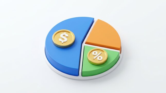 3d pie chart with dollar and percentage coin icons, isolated on white background