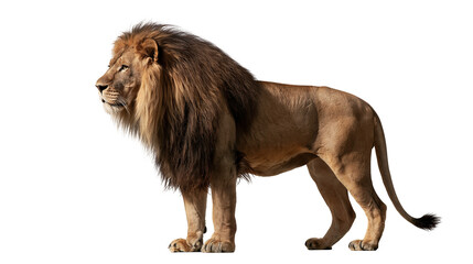 Majestic adult male lion with thick dark brown mane standing in profile © Cressida