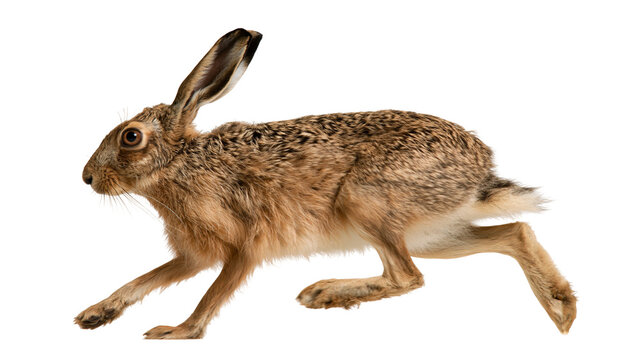 Brown European hare running with long ears and textured fur