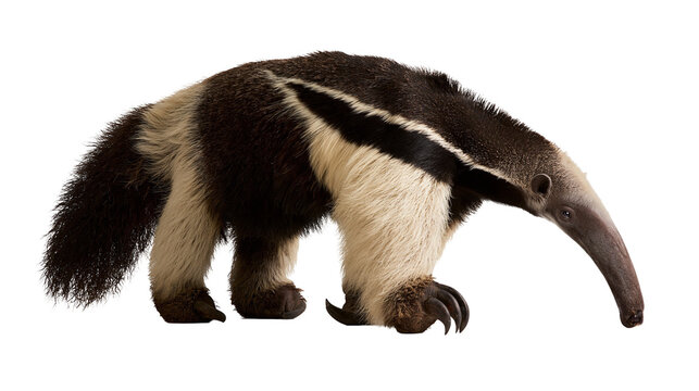Giant anteater with long snout and bushy tail walking on all fours