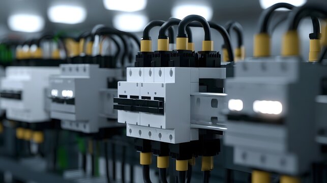 Close up of industrial electrical components with black and yellow connectors in a modern facility setting