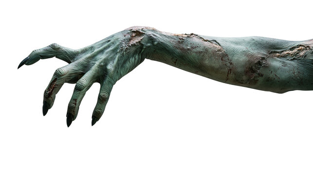 Decaying green zombie arm with sharp claws and textured skin