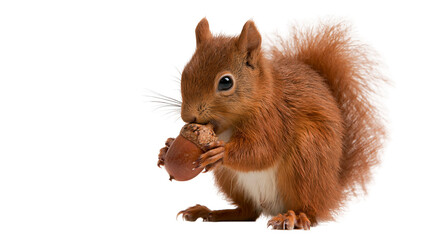 Red squirrel holding and eating a brown acorn with fluffy tail and white belly © Cressida