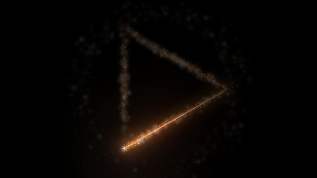 Copper glitter particles trace a triangle on pure black as a single sparkler head runs the three sides trailing warm light and leaving the center of the shape open for a logo