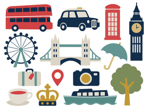 ロンドン旅行の二階建てバスと赤い電話ボックスを描いたイラストセット タクシー グラフィック 時計塔 イギリス 観覧車 王冠
