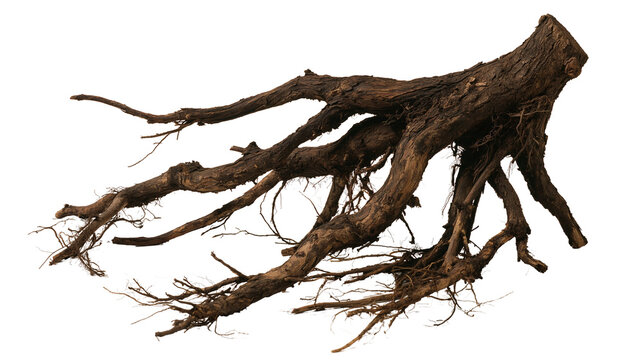 Gnarled brown tree root system with textured bark and intricate branching