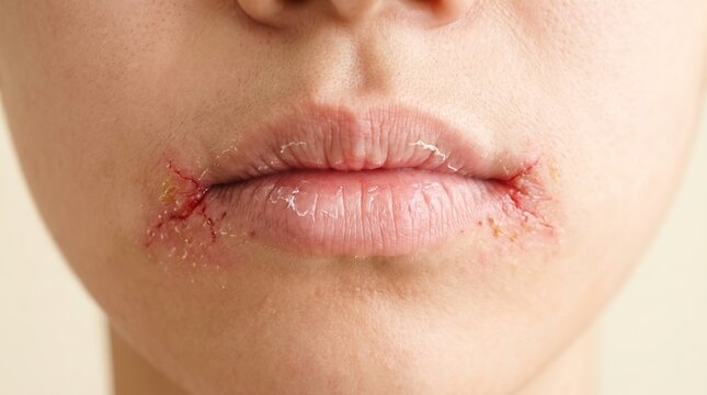 Close up of severely chapped cracked lips and angular cheilitis