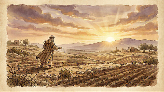 Biblical parable of the sower scattering seeds across a field. Ancient farmland and village beneath a rising sun. Christian teaching about faith and spiritual growth.