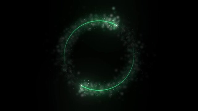 Emerald glitter ring breathes in and out on pure black as two sparkler heads circle the rim trailing green light and loose dust drifts away leaving the center open for a logo