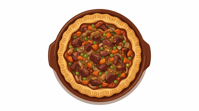 A top down view of a delicious homemade beef pie in a ceramic baking dish.