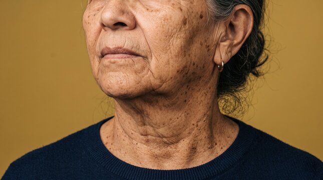 Close up detail of senior woman face and neck with hyperpigmentation and sun damage