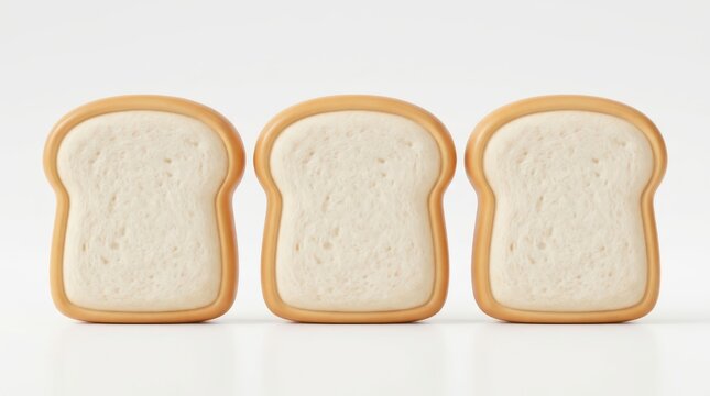 Three slices of white bread arranged in a row, isolated on white background
