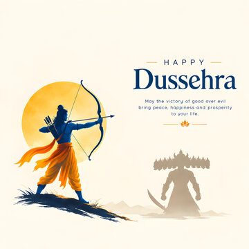 Lord rama aiming bow and arrow at demon king ravana illustration for happy dussehra festival celebration with indian festival