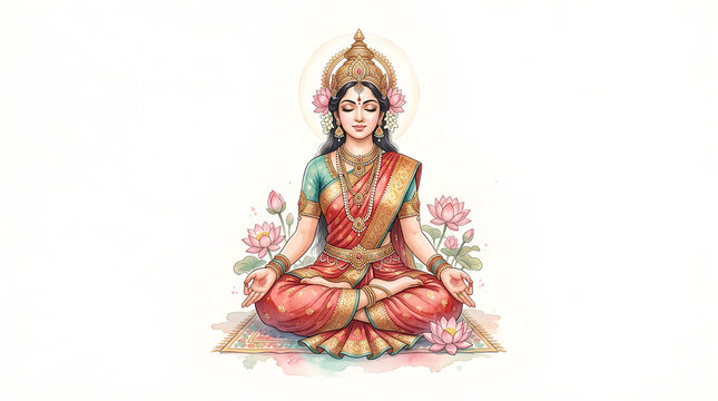Serene Hindu goddess in traditional attire meditating among lotus flowers under a luminous aura representing spiritual