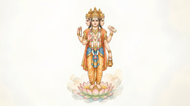 Intricate multi-headed deity illustration featuring divine attire and symbolism on a blooming lotus in a serene background